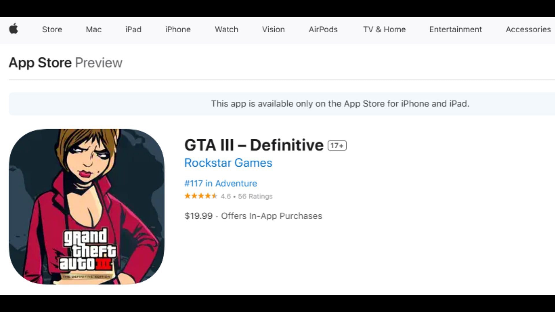 GTA 3 Definitive Edition iOS App Store page at the time of this writing (Image via apps.apple.com)